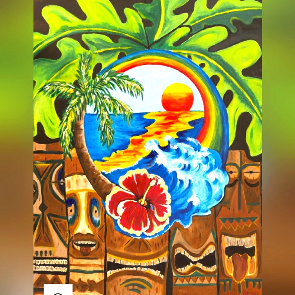 Original Art Print Tiki Paradise Luau 8×10 Matted Ready To Frame